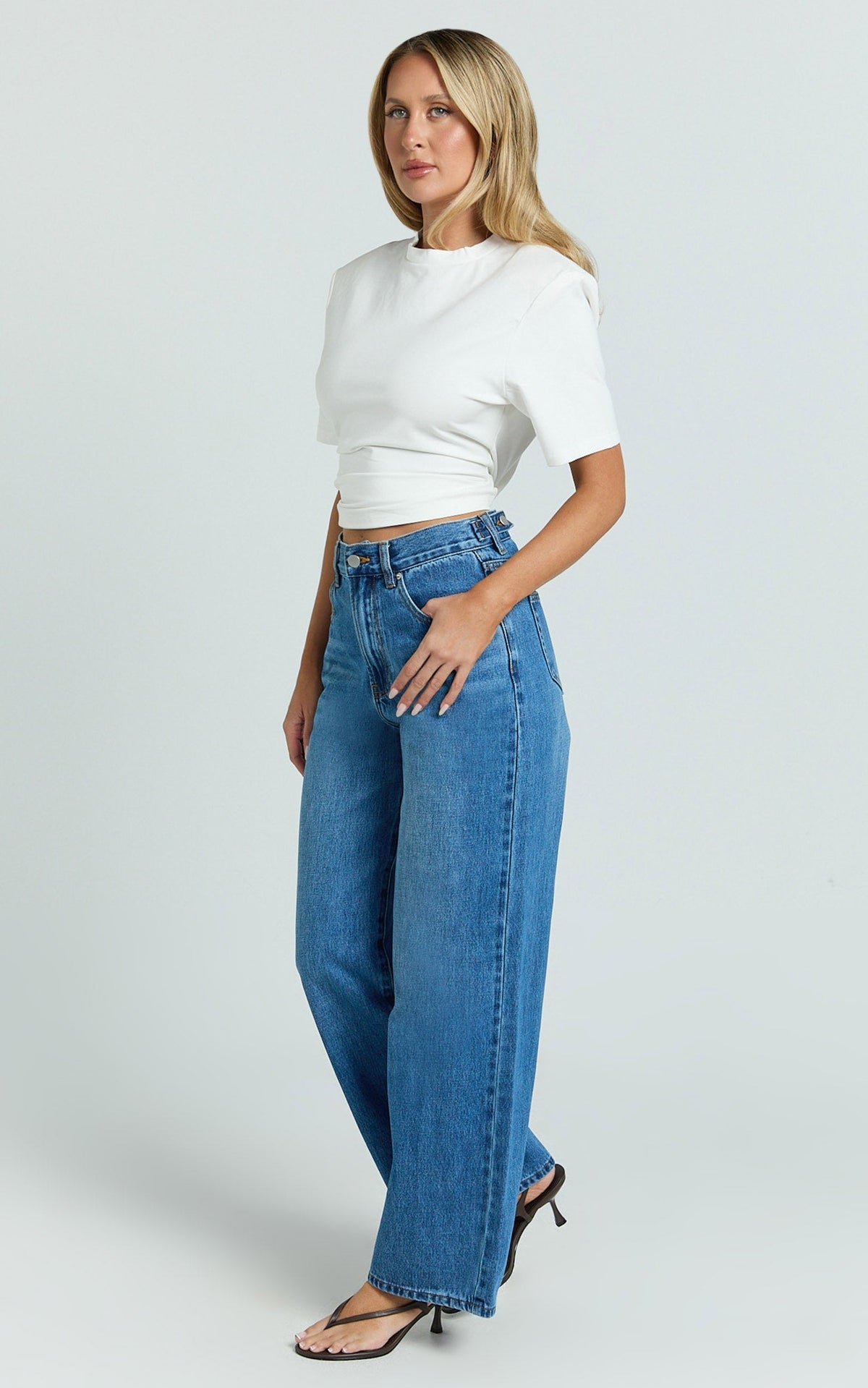 Rachel Jeans - Cinch Waist Wide Leg Denim Jeans in Mid Vintage Wash