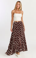 Renee Maxi Skirt - Pleated High Waist A Line Skirt in Chocolate Polkadot