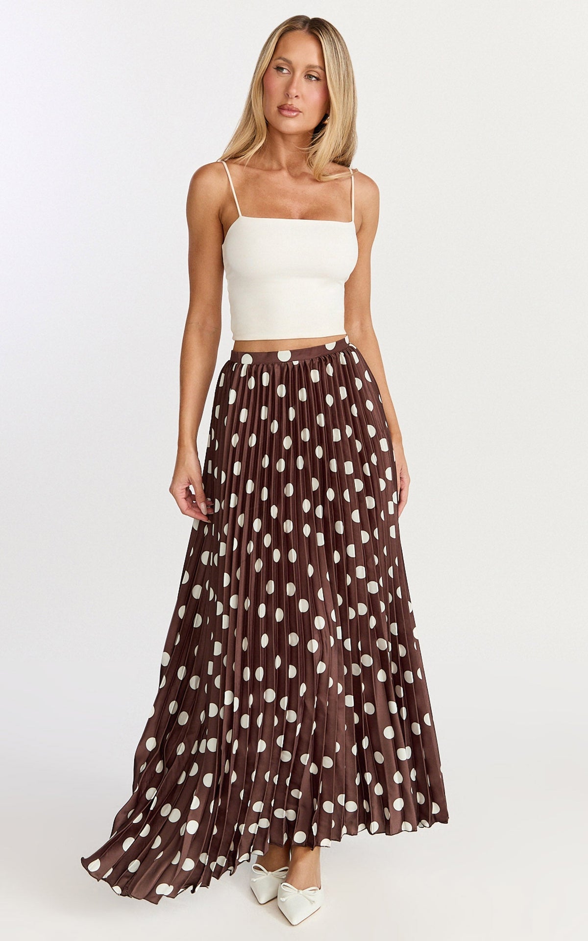 Renee Maxi Skirt - Pleated High Waist A Line Skirt in Chocolate Polkadot