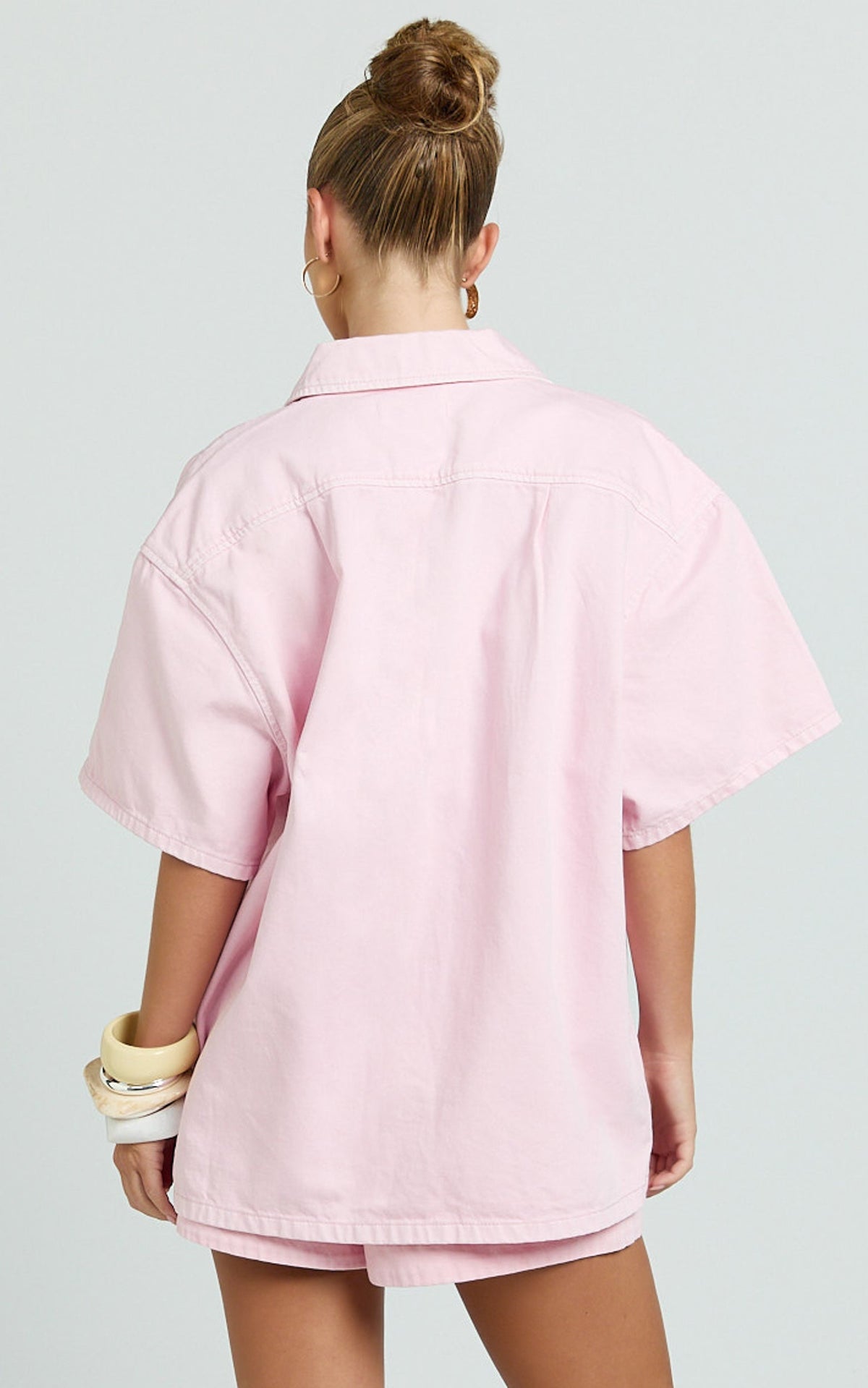 Rhianna Top - Oversized Recycled Denim Short Sleeve Shirt in Pink