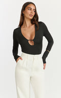Ricki Bodysuit - Plunge Neck Long Sleeve Bodysuit in Black