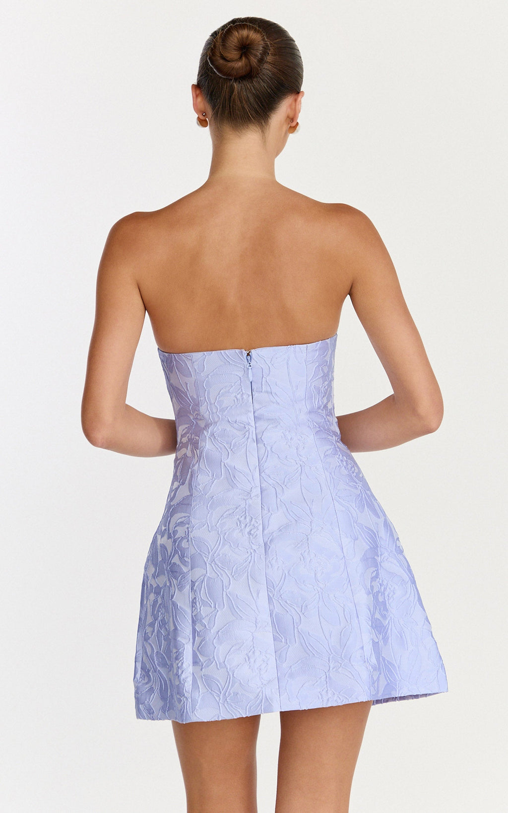 Rosalie Mini Dress - Strapless Jacquard Floral Mini Dress in Blue