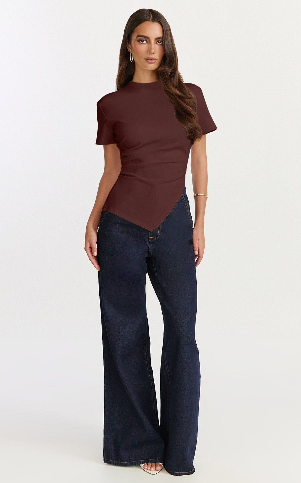 Rosalie Top - Asym Ruched Tshirt in Chocolate