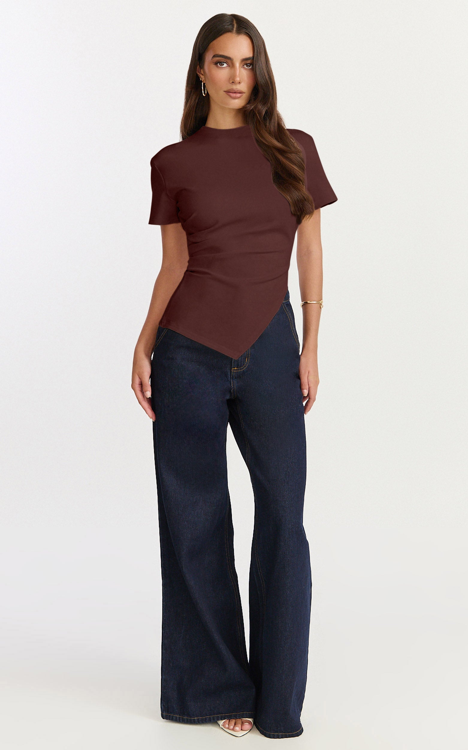 Rosalie Top - Asym Ruched Tshirt in Chocolate