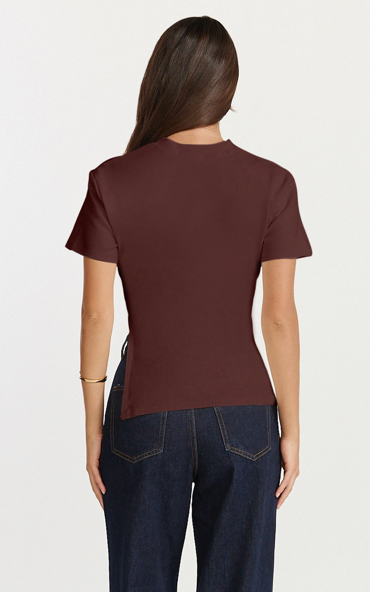 Rosalie Top - Asym Ruched Tshirt in Chocolate