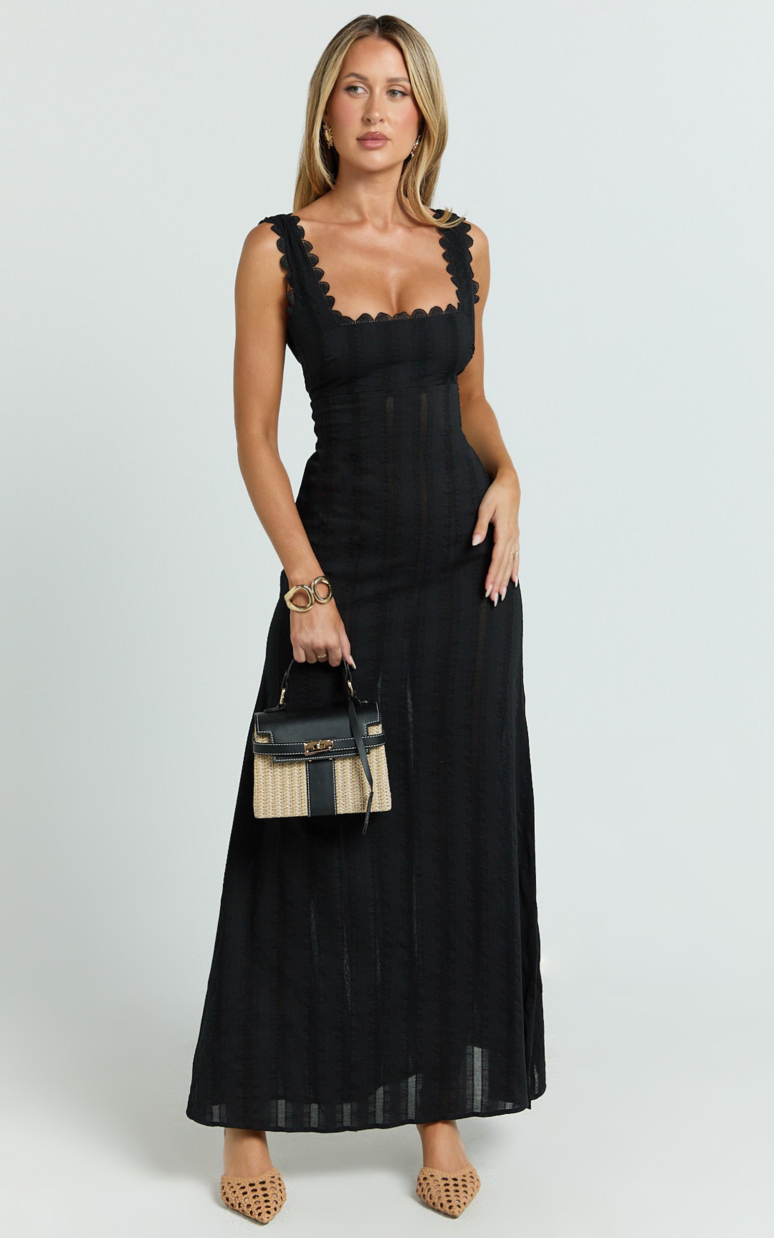Roxanne Midi Dress - Square Neck Fit And Flare Dress in Black