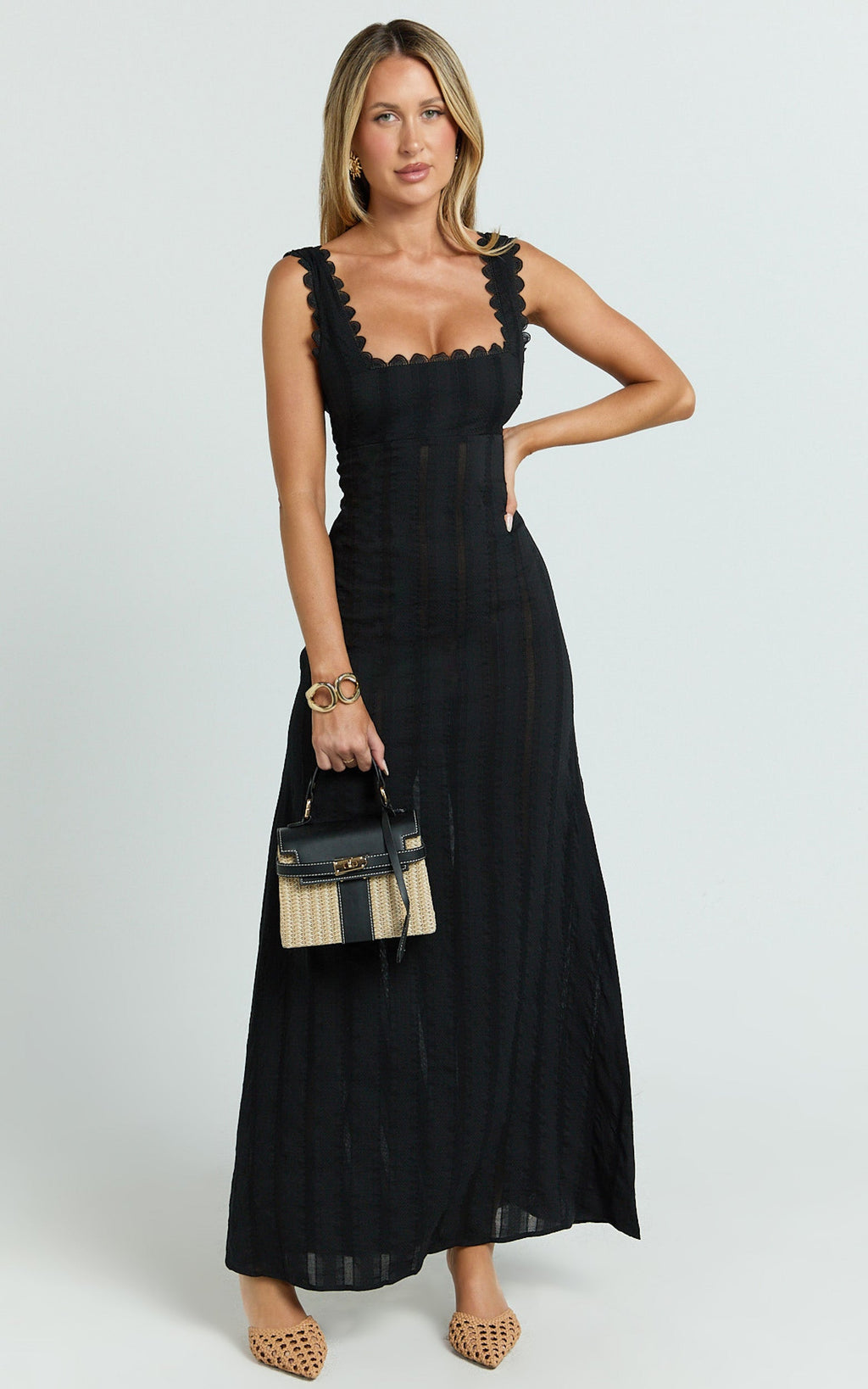 Roxanne Midi Dress - Square Neck Fit And Flare Dress in Black