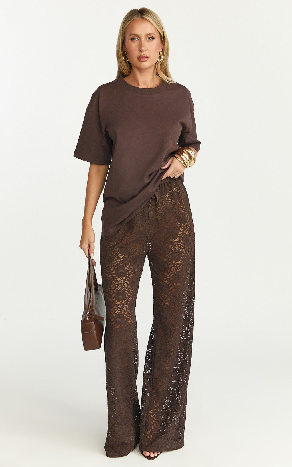 Roxy Pants - High Waist Lace Relaxed Drawstring Pants in Chocolate