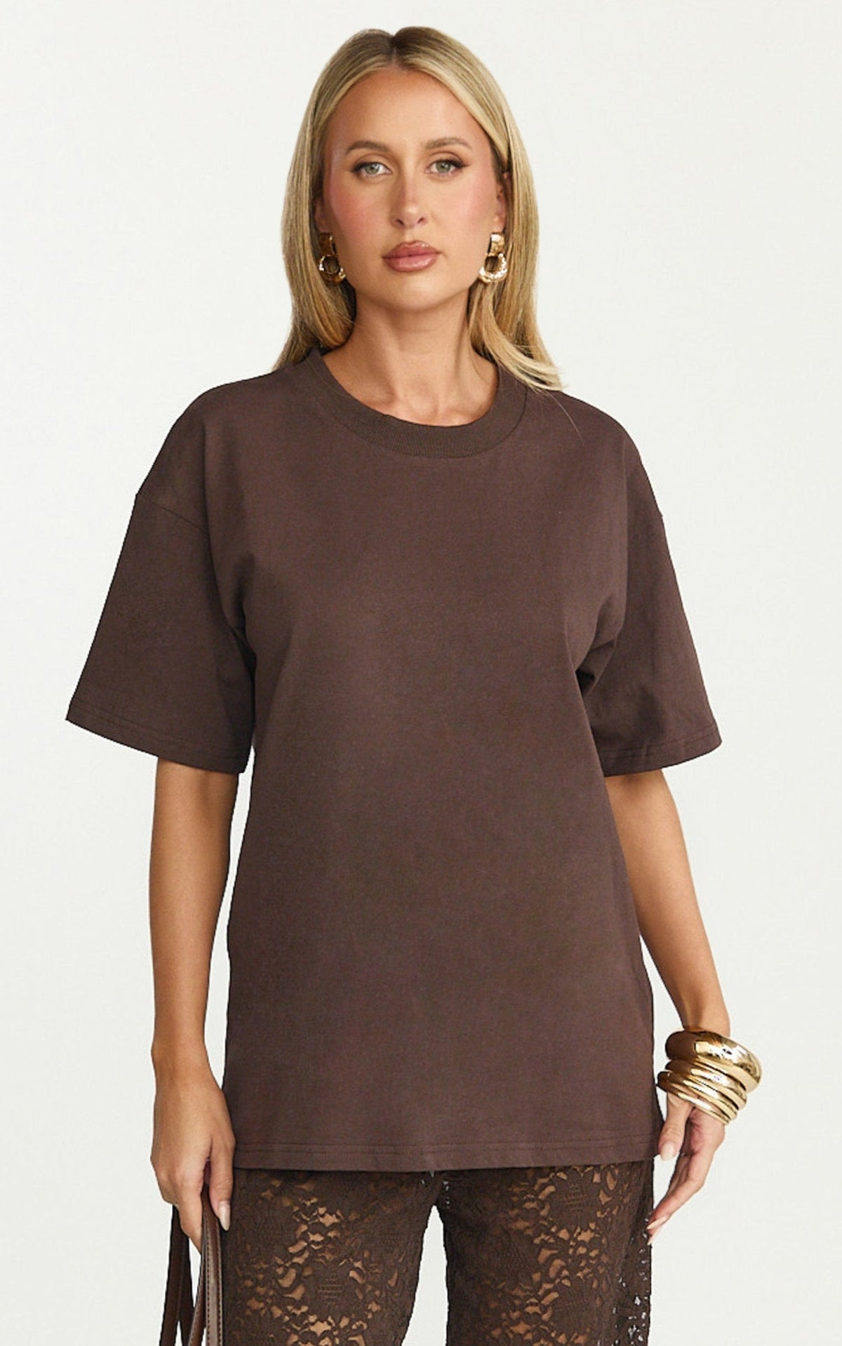 Prizza Top - Longline Boyfriend Tee Top in Chocolate