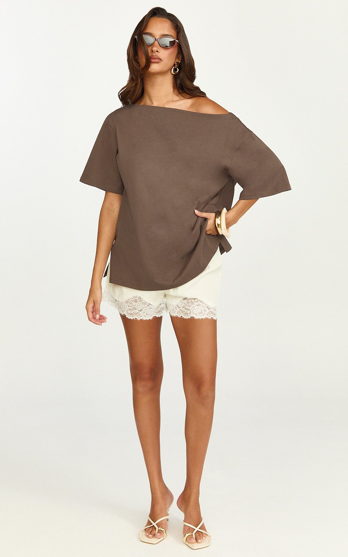 Ruby Top - Off Shoulder Asymmetrical T-shirt in Chocolate