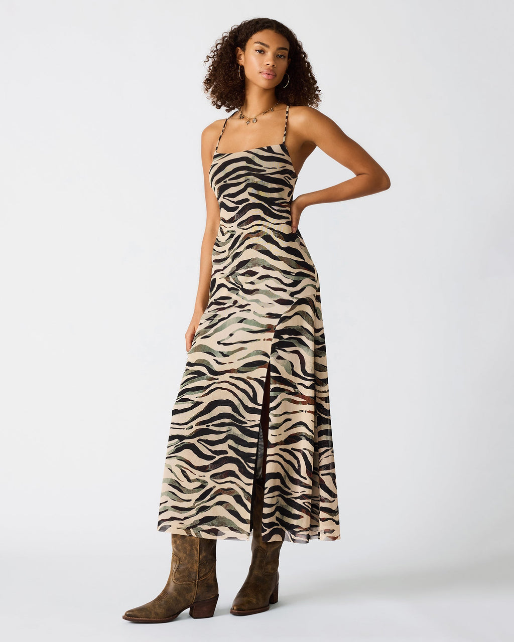 ADELLA Caramel Zebra Sleeveless Flowy Women's Maxi Dress | Steve Madden