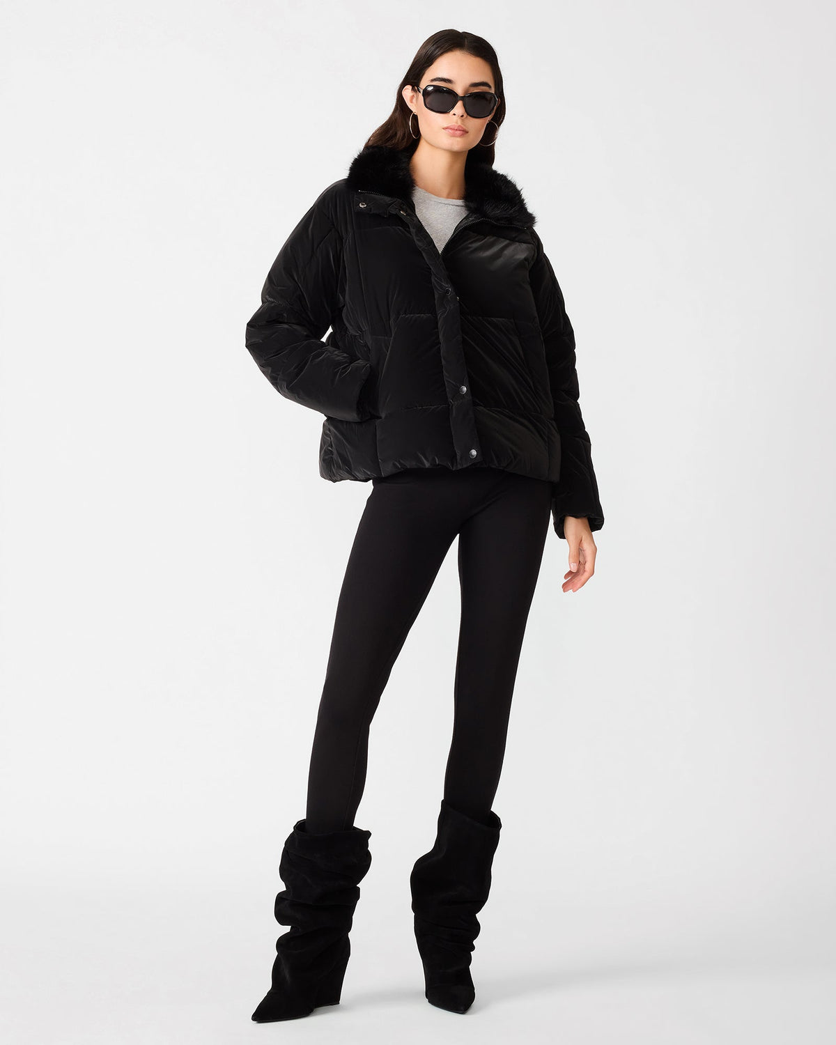 BERWIN Black Faux Fur Button-Up Coat Women's Puffer Jacket | Steve Madden