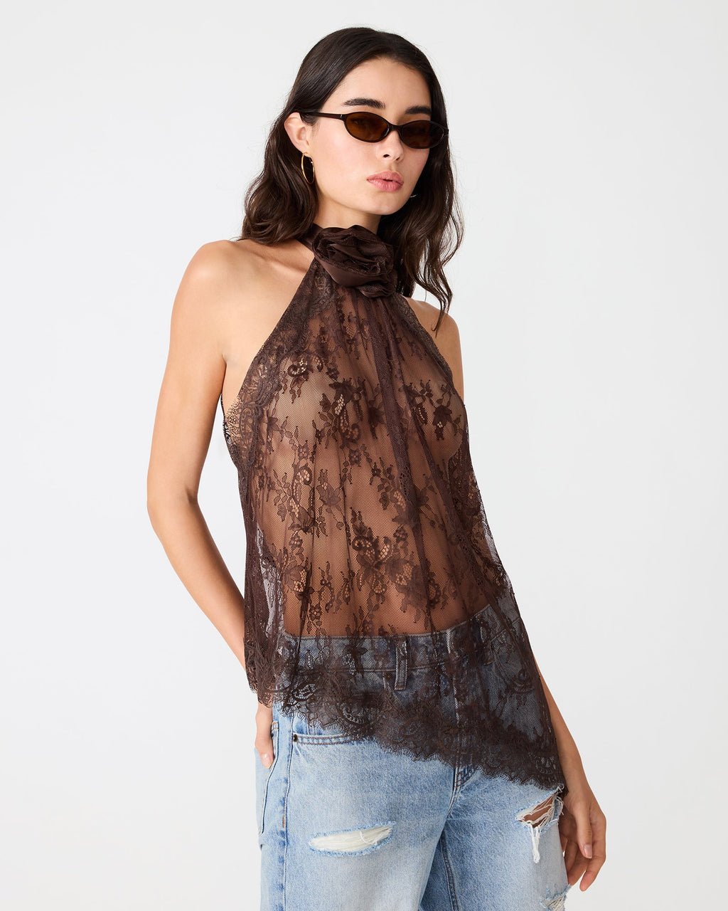 ROSELLE Dark Toffee High-Neck Lace Sheer Women's Top | Steve Madden