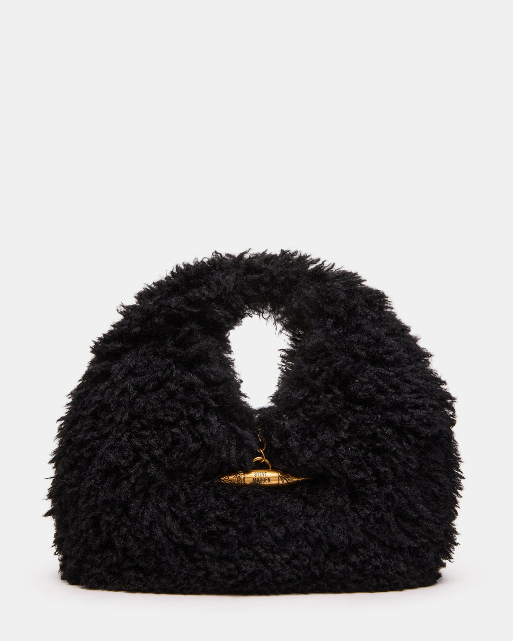 NYMERA Black Faux Fur Gold Detail Top Handle Handbag | Steve Madden