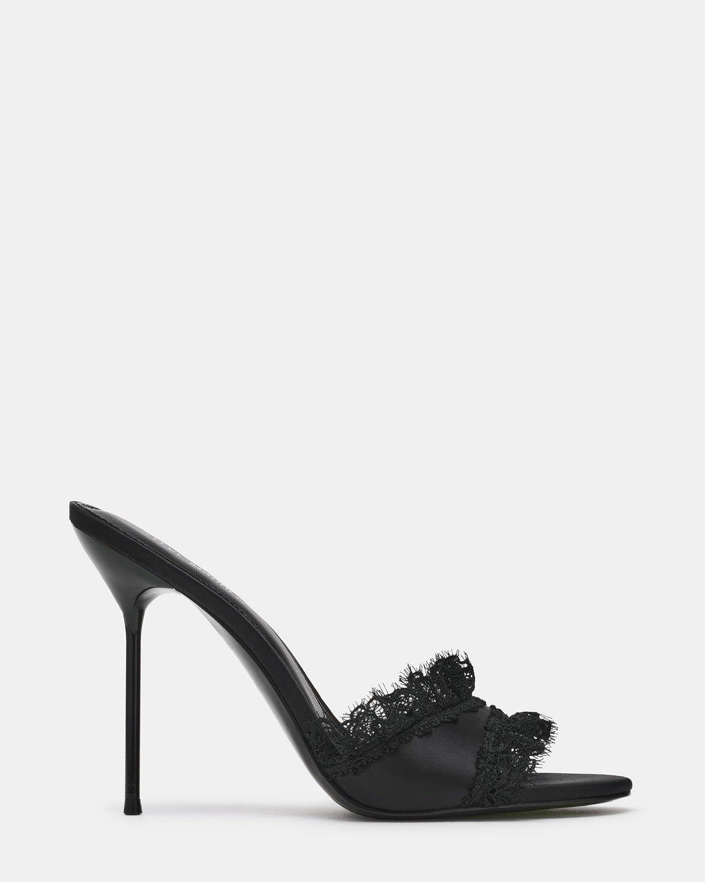 DAVINA Black Satin Lace Rounded Open-Toe Mule Stiletto Women's Heel | Steve Madden