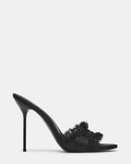 DAVINA Black Satin Lace Rounded Open-Toe Mule Stiletto Women's Heel | Steve Madden