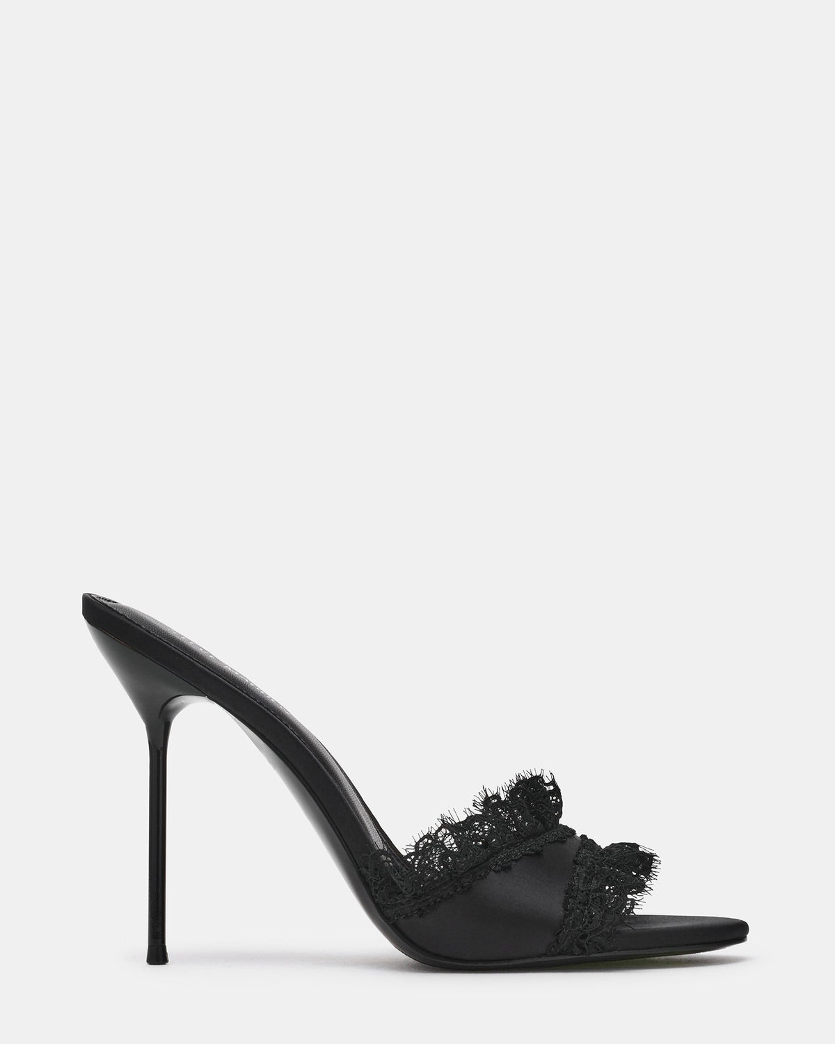 DAVINA Black Satin Lace Rounded Open-Toe Mule Stiletto Women's Heel | Steve Madden