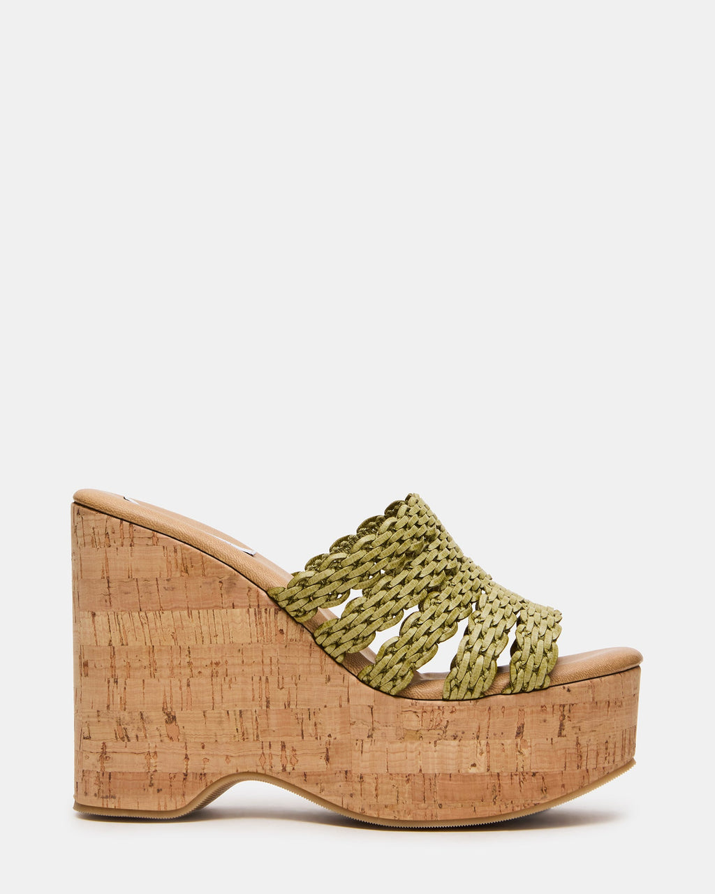 ELIA Green Woven Mule Wedge Platform Wood Bottom Women's Sandal | Steve Madden
