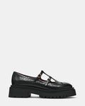LUANNE Black Leather T-Strap Buckles Lug Women's Loafer | Steve Madden