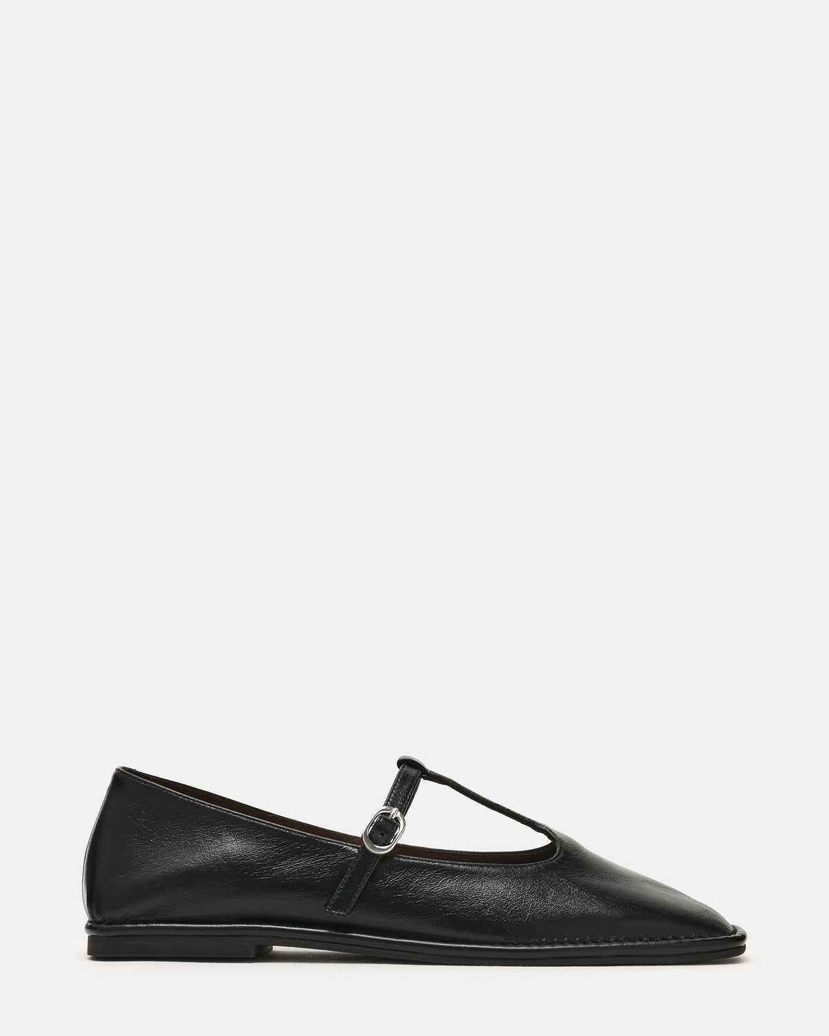 MACBETH Black Leather T-Strap Square-Toe Ballet Women's Flat | Steve Madden