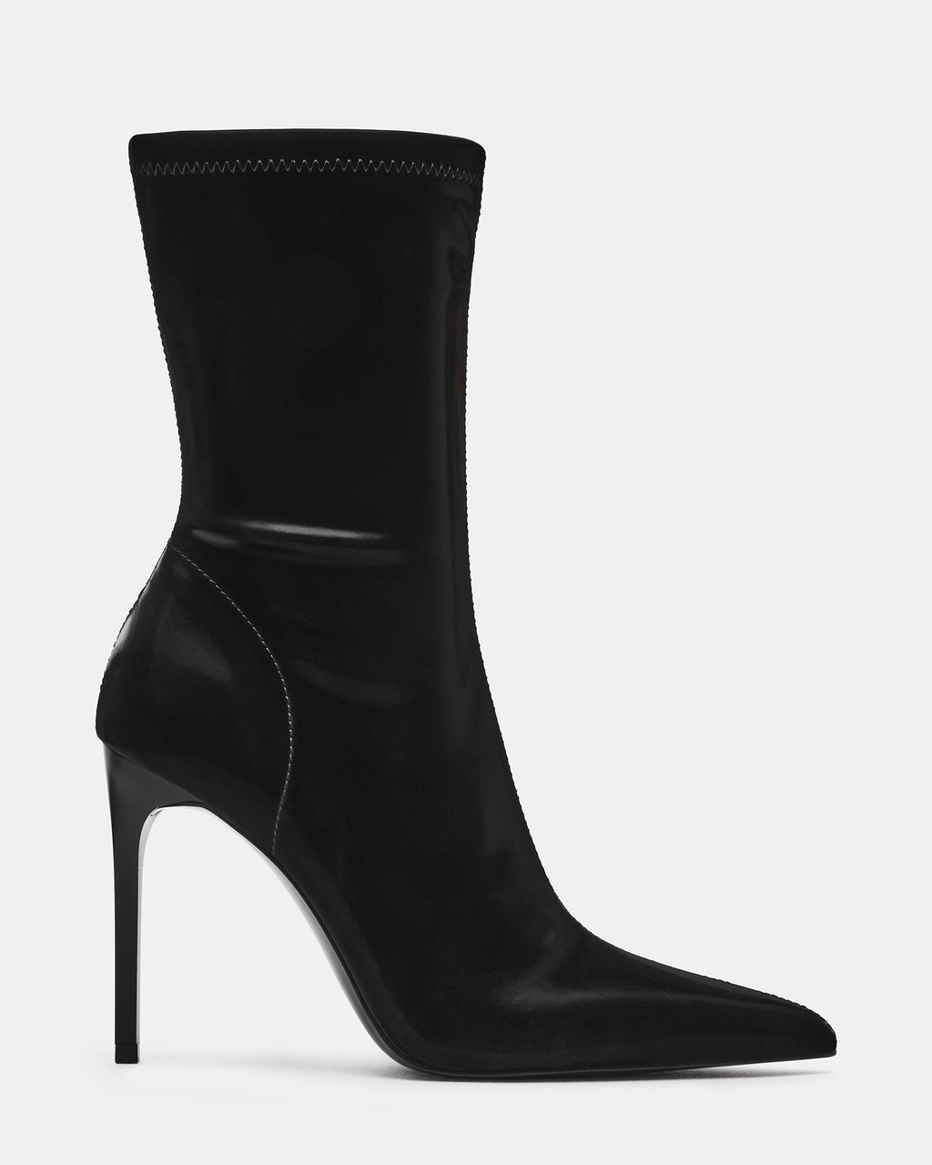 MACKENA Black Techno Satin Pointed-Toe Stiletto Women's Ankle Boot | Steve Madden
