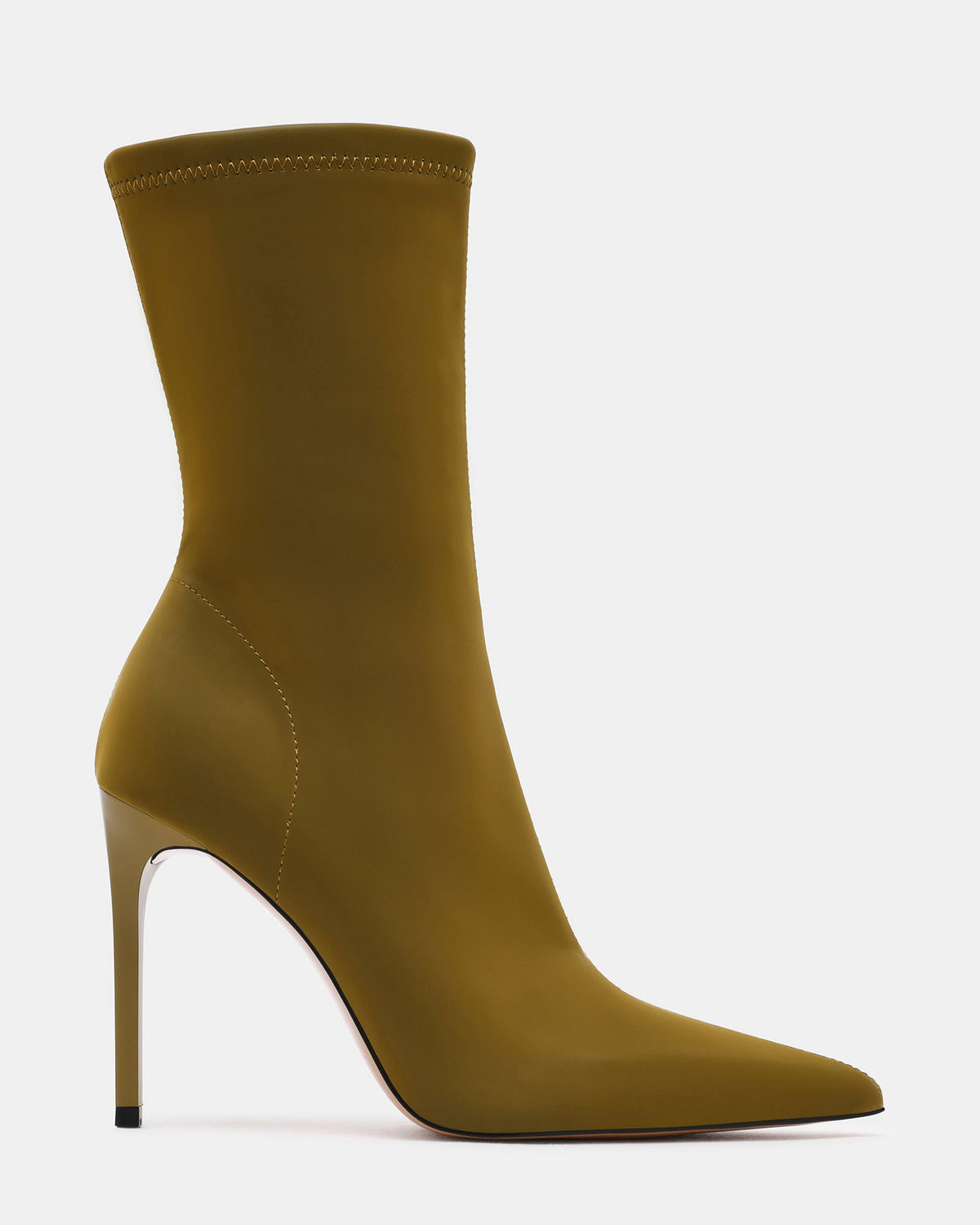 MACKENA Olive Techno Satin Pointed-Toe Stiletto Women's Ankle Boot | Steve Madden