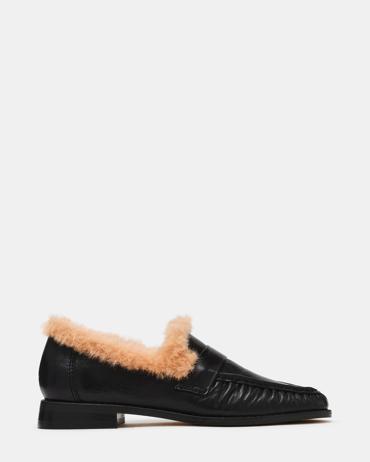 RONIE Faux Fur Black Leather Scrunched Women's Loafer | Steve Madden