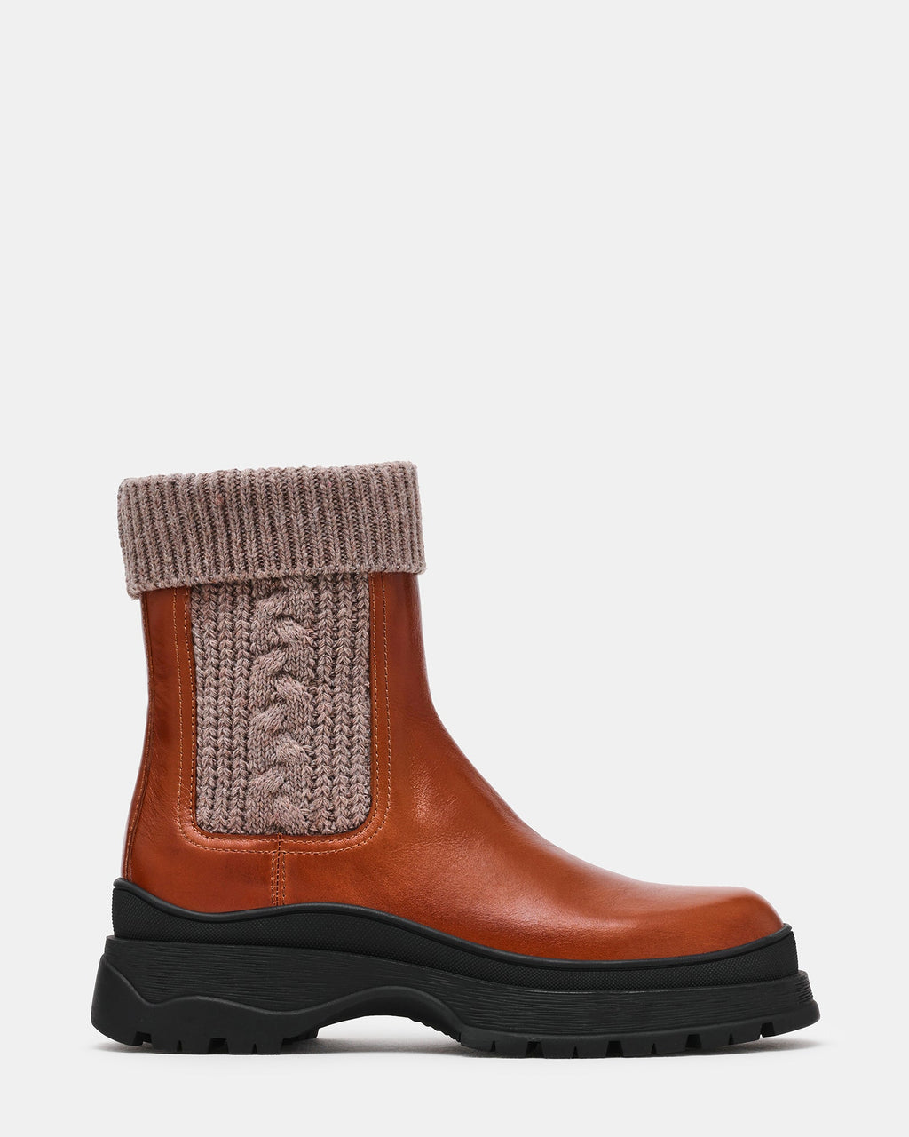 SADLEY Cognac Leather Knit Platform Chunky Lug Women's Ankle Boot | Steve Madden