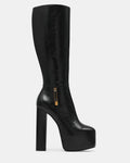 SCORN Black Leather Platform Knee-High Block Heel Women's Boot | Steve Madden