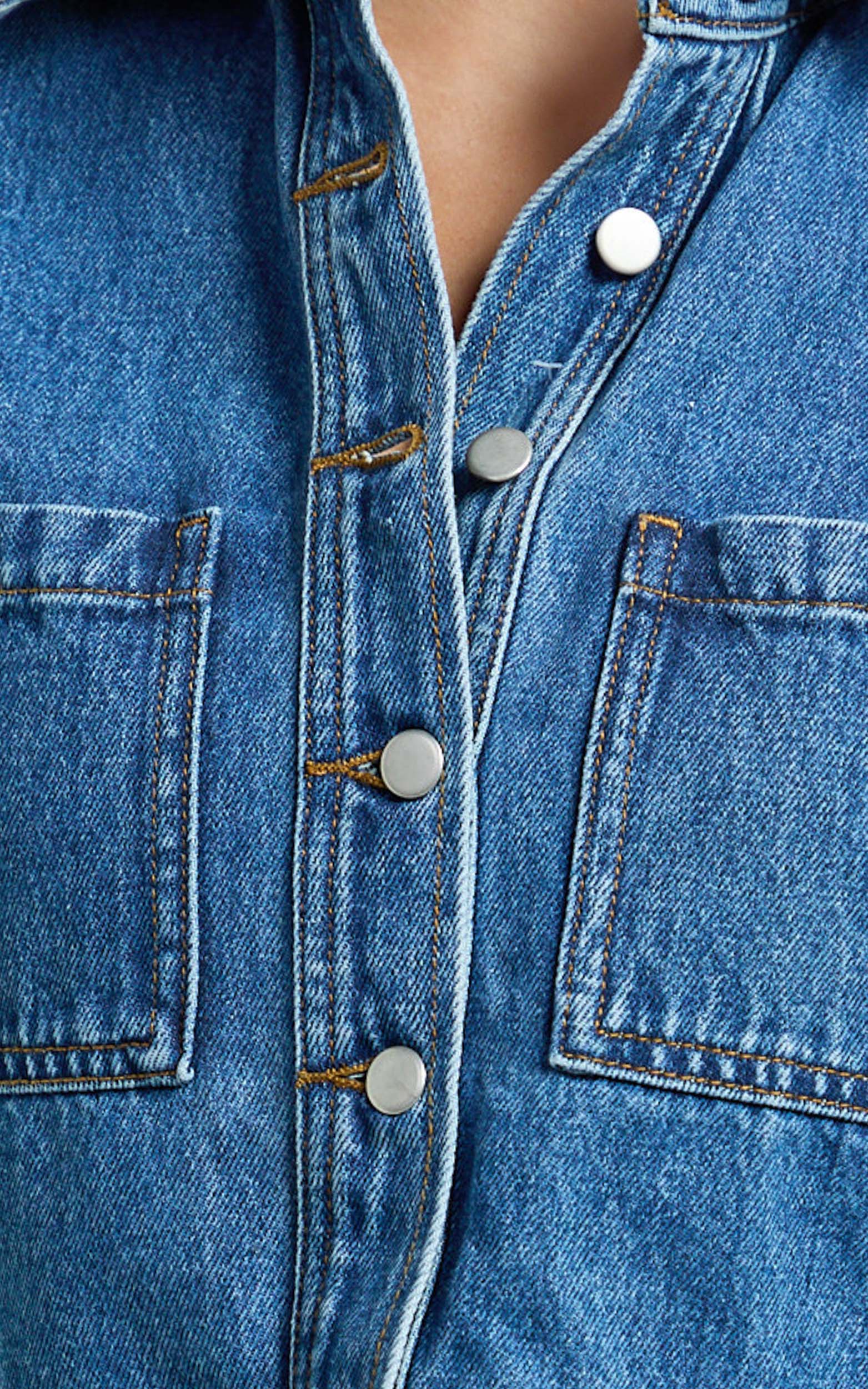 Serena Top - Denim Button Down Short Sleeve Top in Dark Blue Wash