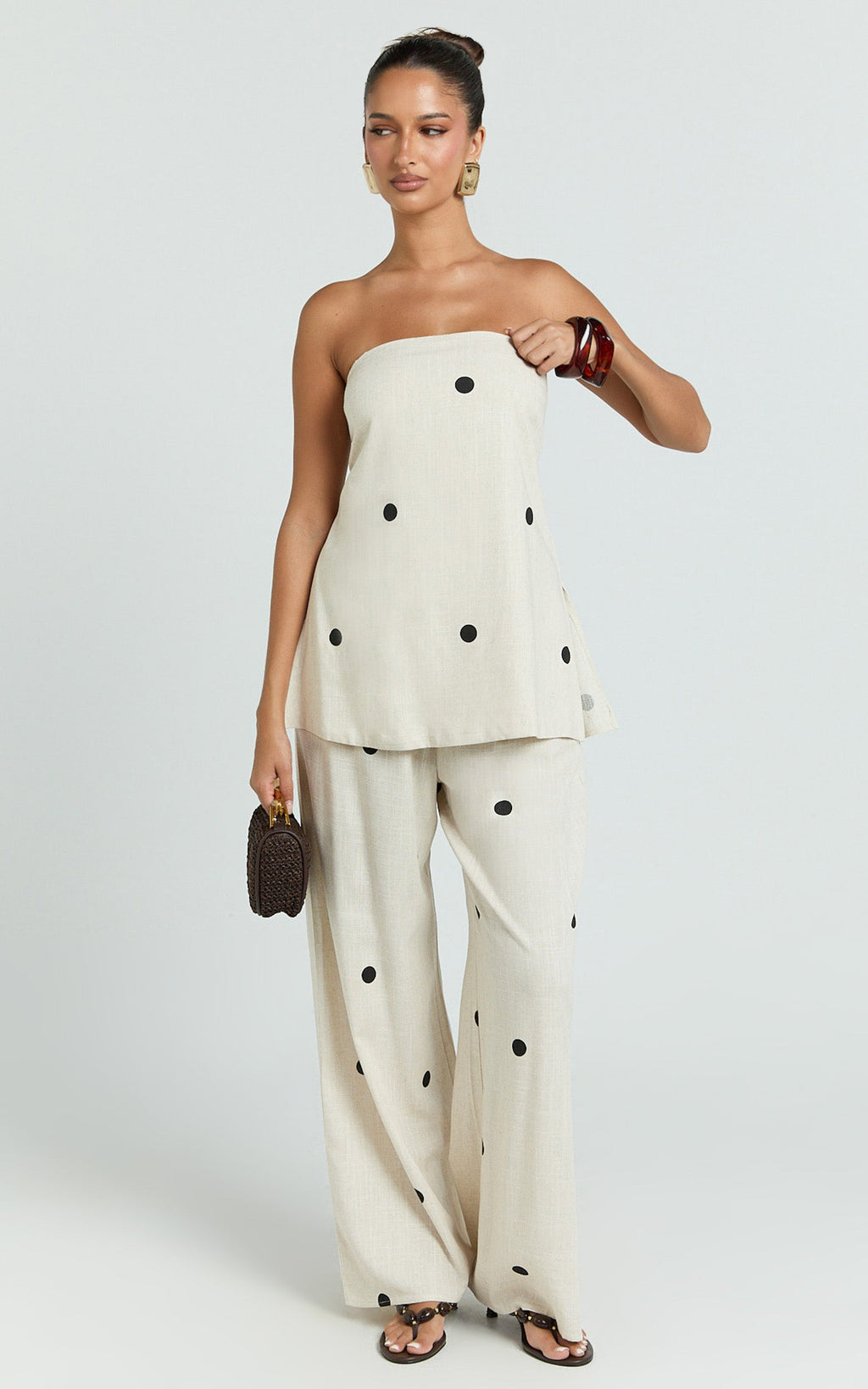 Skye Two Piece Set - Strapless Longline Top and Pant Set in Natural Polka Dot