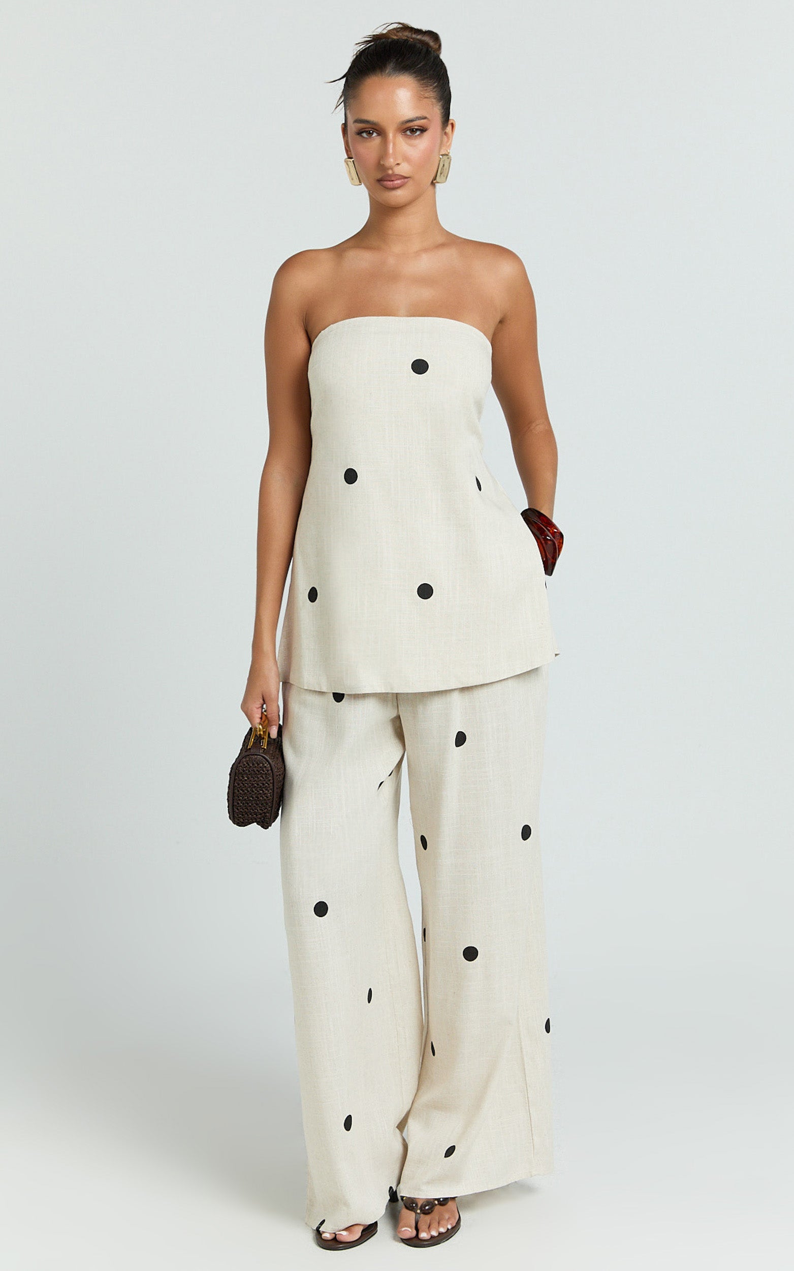 Skye Two Piece Set - Strapless Longline Top and Pant Set in Natural Polka Dot