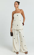 Skye Two Piece Set - Strapless Longline Top and Pant Set in Natural Polka Dot