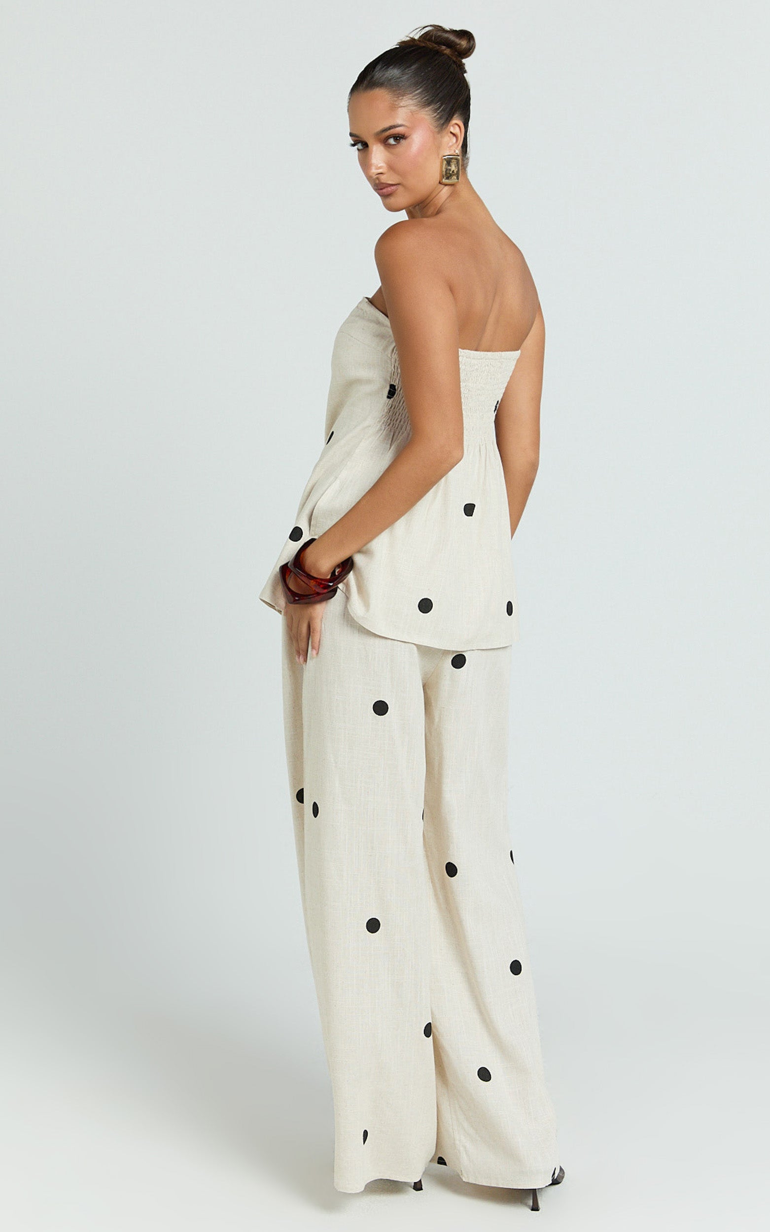 Skye Two Piece Set - Strapless Longline Top and Pant Set in Natural Polka Dot