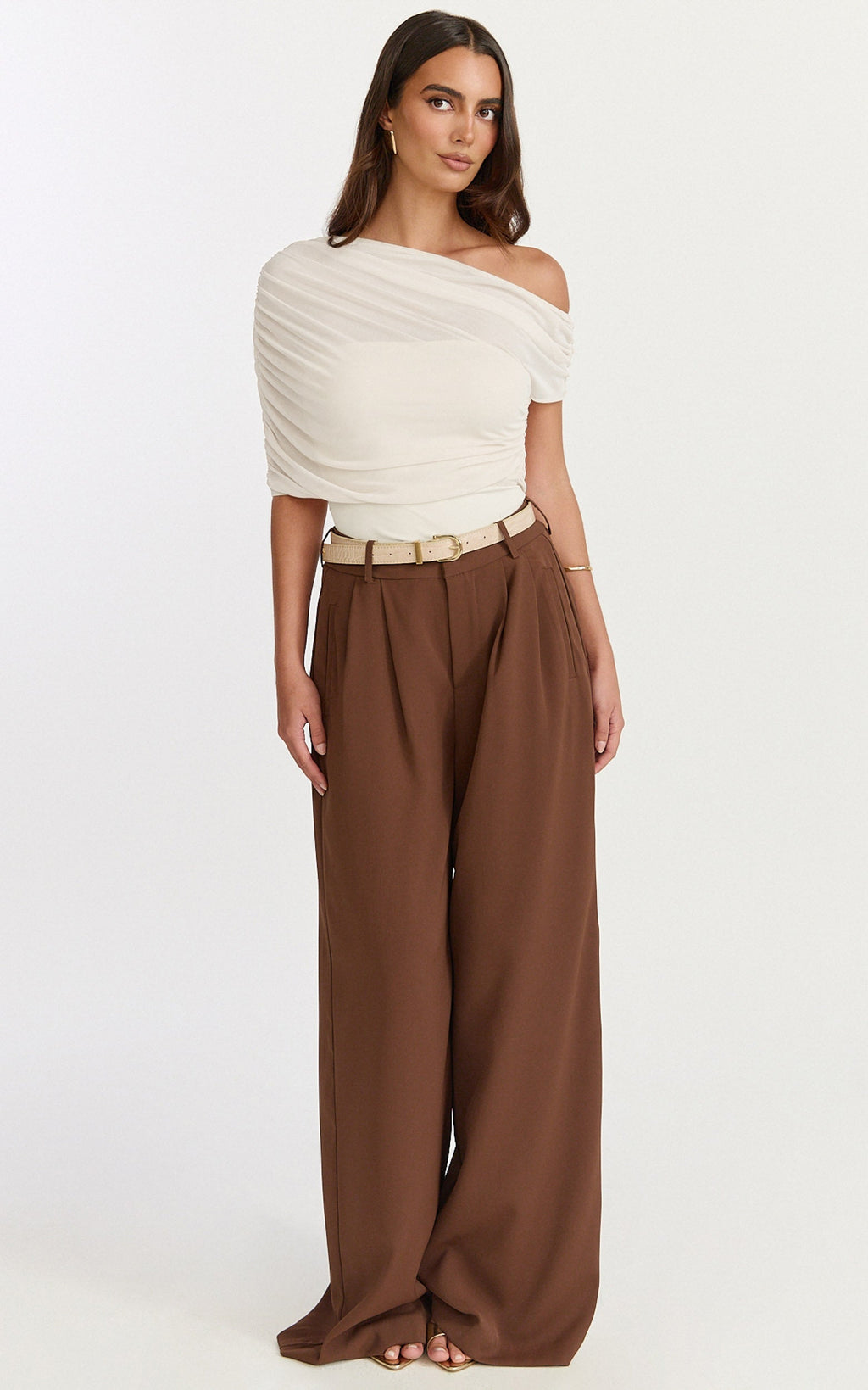 Sophia Top - Draped One Shoulder Mesh Overlay Top in Cream