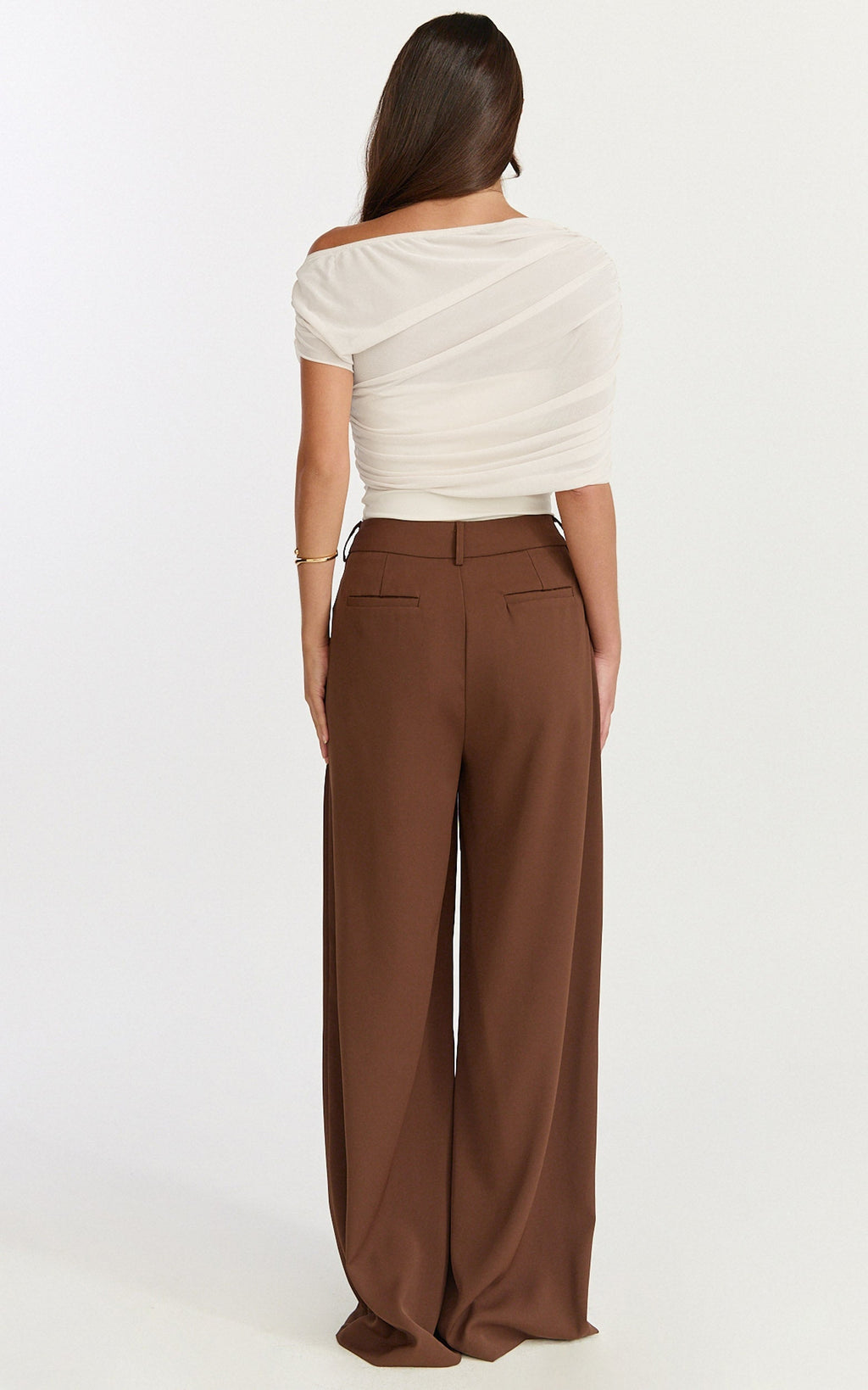 Sophia Top - Draped One Shoulder Mesh Overlay Top in Cream