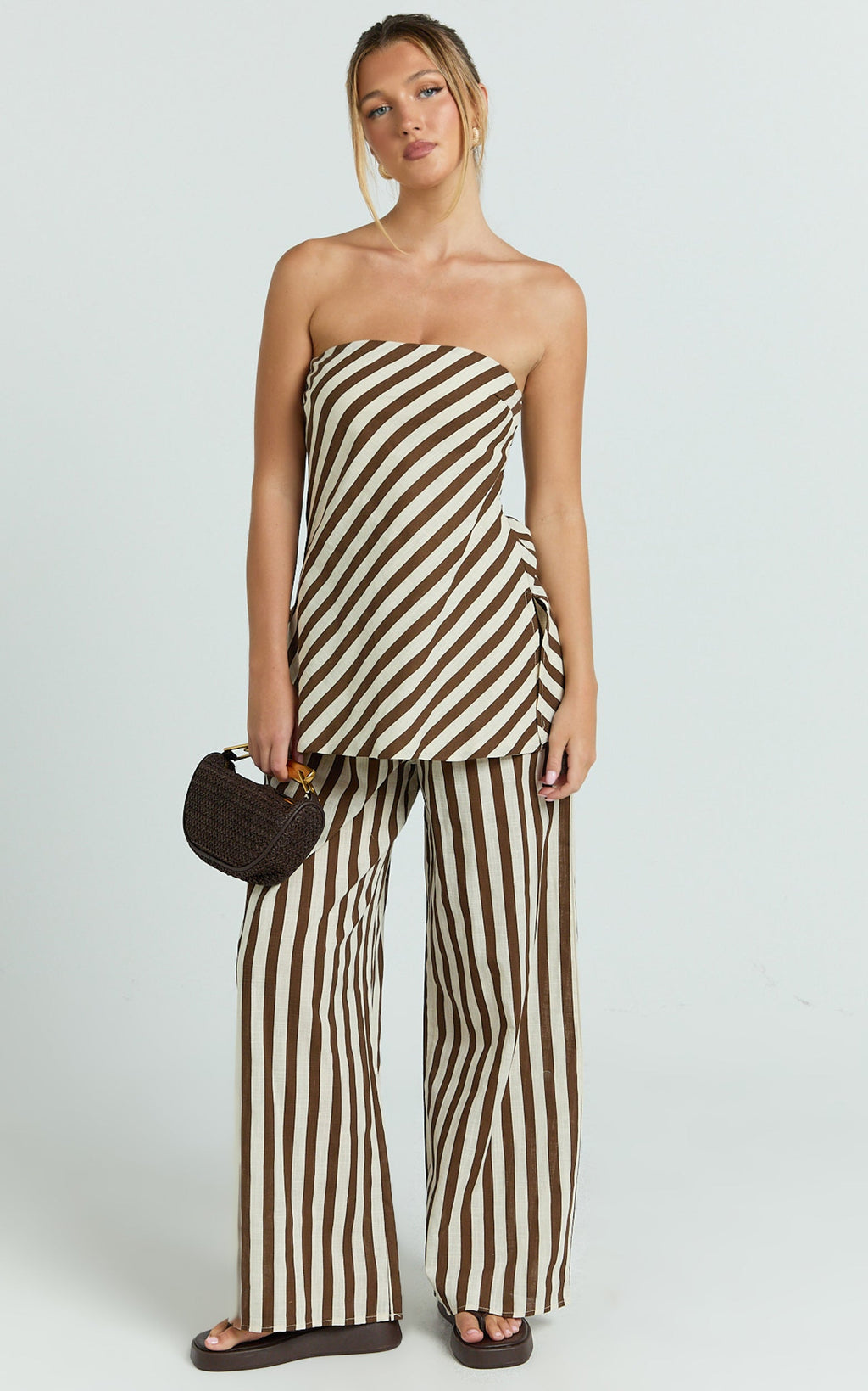 Talia Eloise Two Piece Set - Strapless Top and Wide Leg Pants in Ecru Brown Stripe