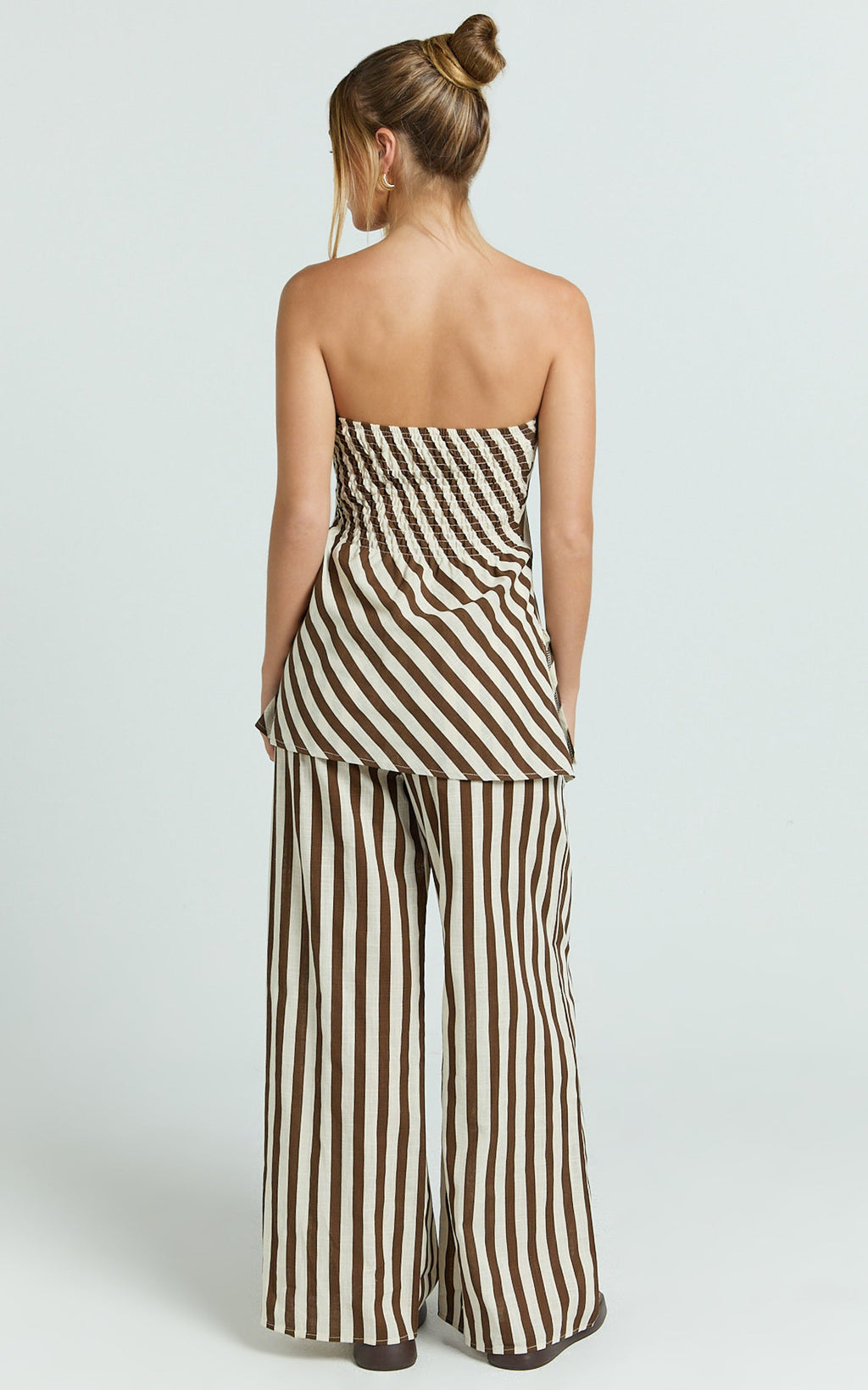 Talia Eloise Two Piece Set - Strapless Top and Wide Leg Pants in Ecru Brown Stripe