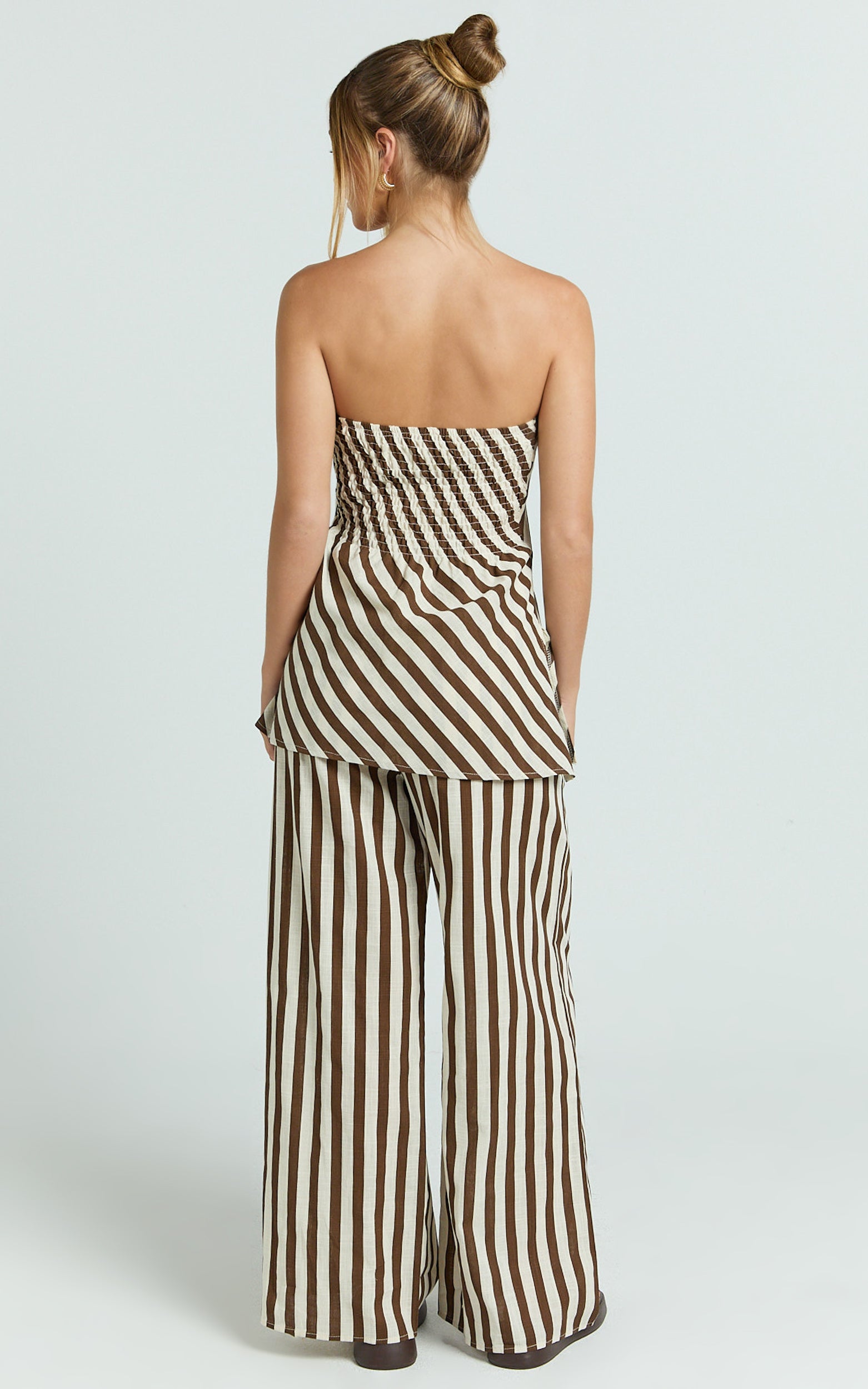 Talia Eloise Two Piece Set - Strapless Top and Wide Leg Pants in Ecru Brown Stripe