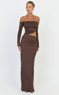 Tallulah Maxi Dress - Off Shoulder Long Sleeve Side Ruched Cut Out Dress in Chocolate