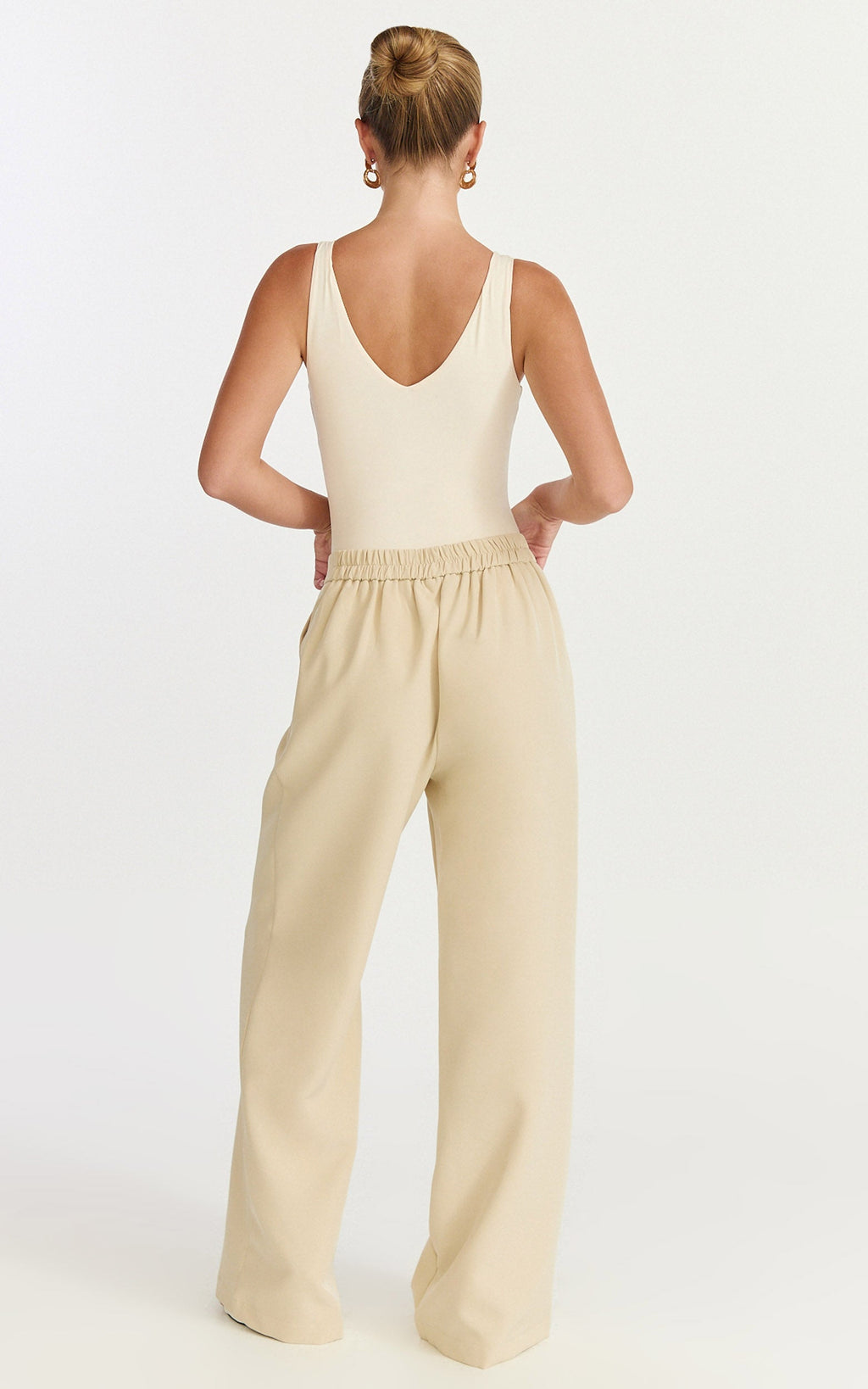 Tessa Pants - Elastic Back Pull On Tailored Pants in Beige