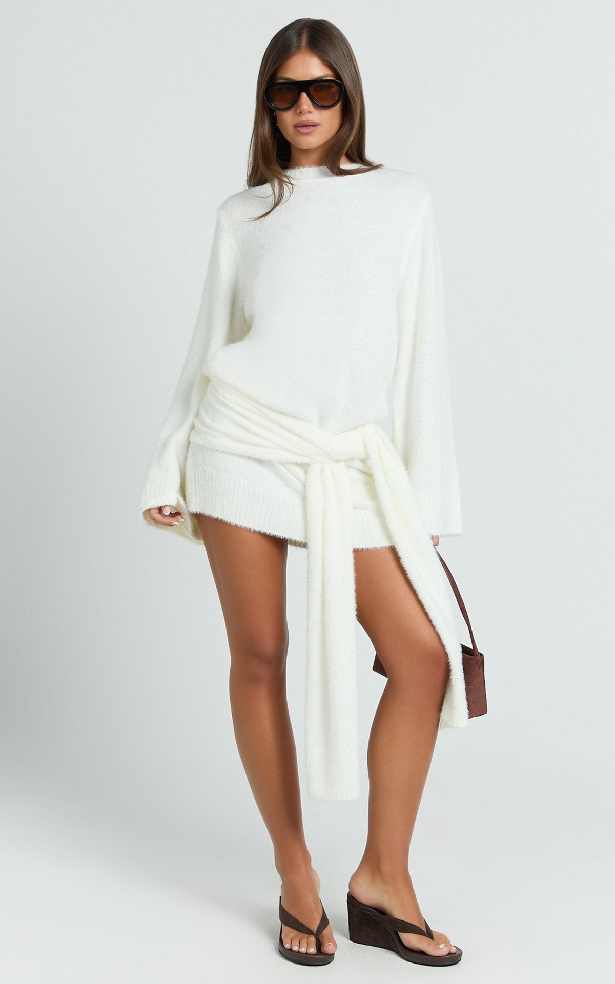 Tisdale Mini Dress - Wrap Skirt Fluffy Knit Jumper Dress in Cream