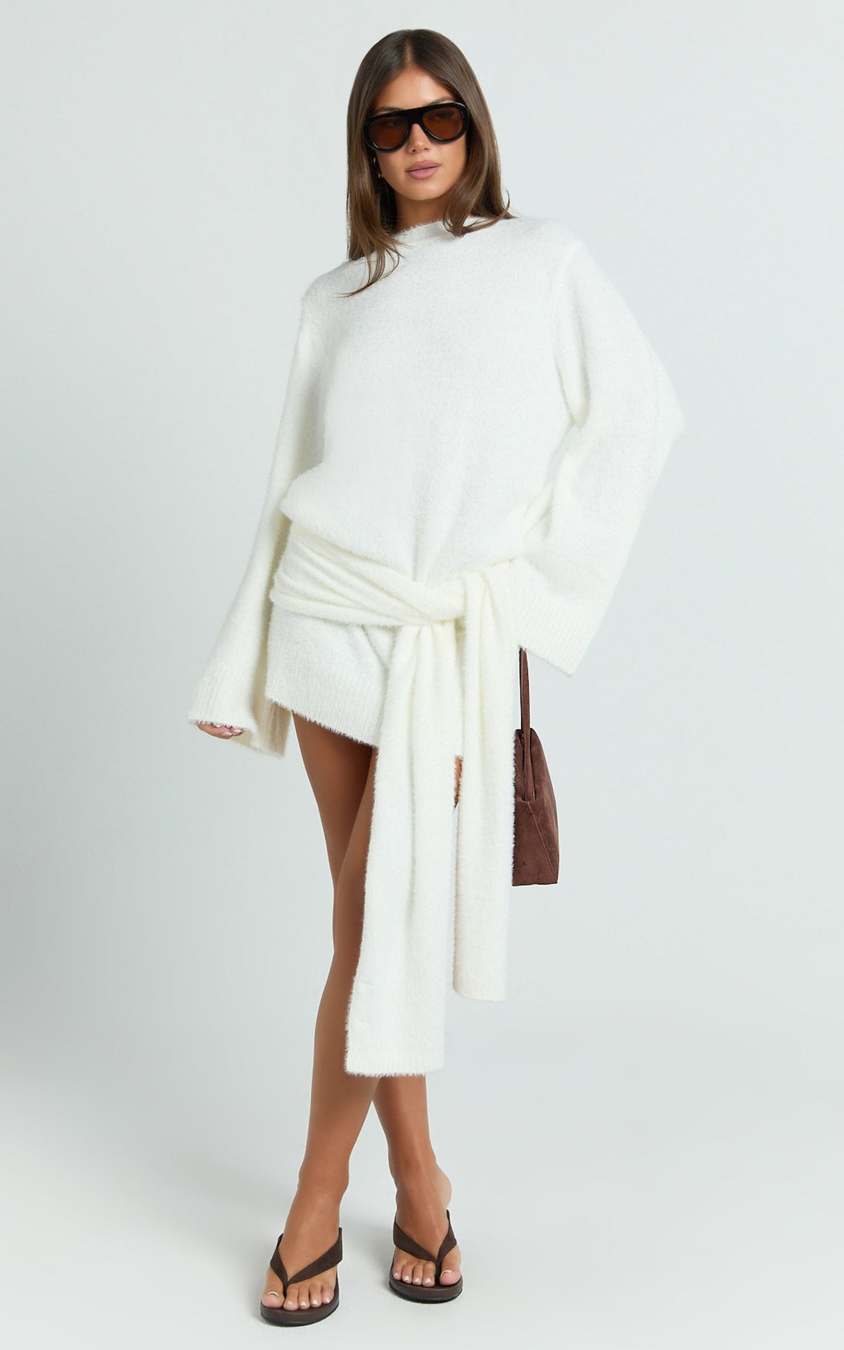 Tisdale Mini Dress - Wrap Skirt Fluffy Knit Jumper Dress in Cream
