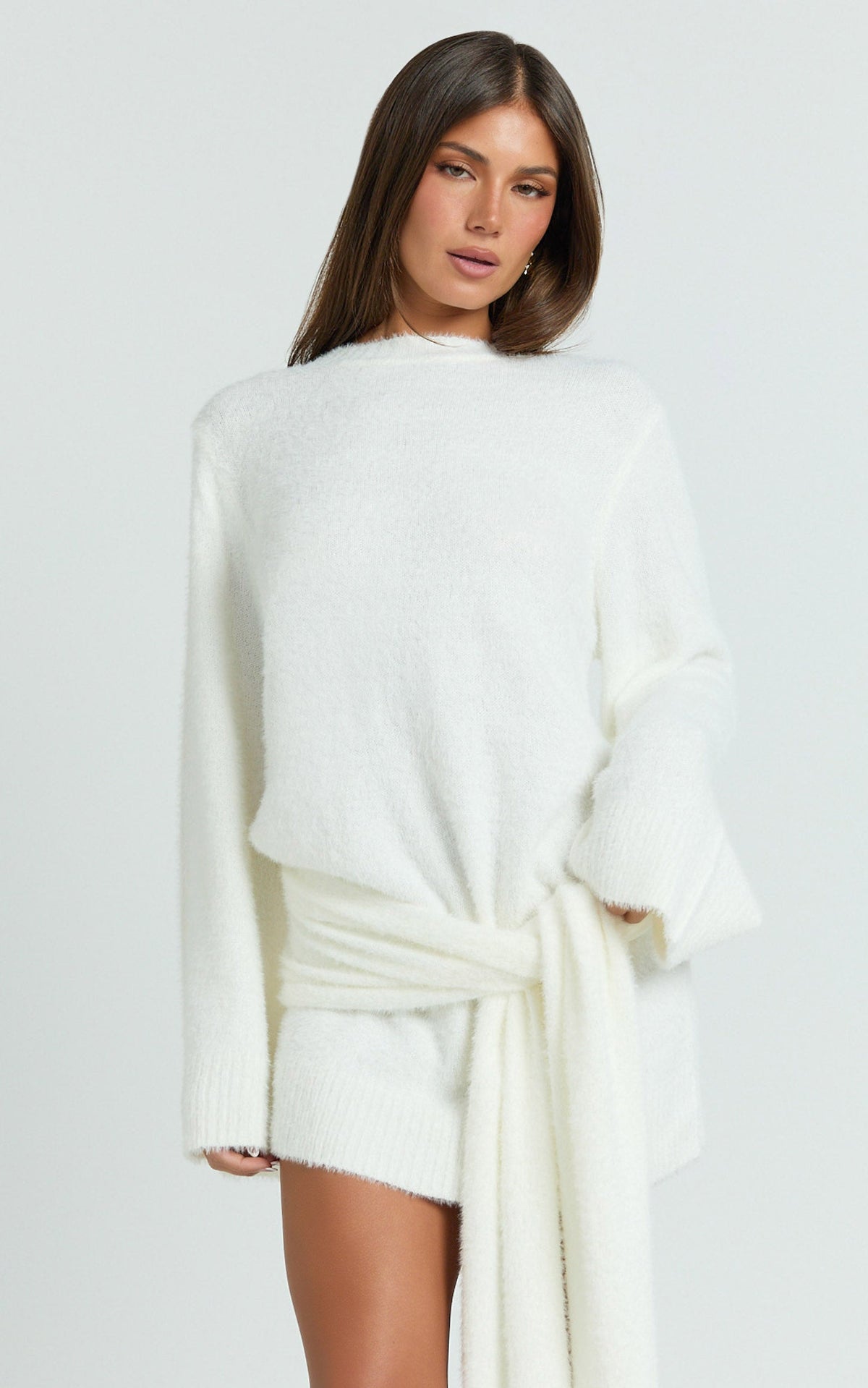Tisdale Mini Dress - Wrap Skirt Fluffy Knit Jumper Dress in Cream