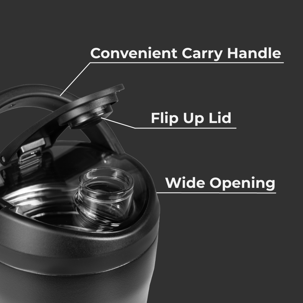 Black Insulated Shaker 24oz Features – Carry Handle, Flip Lid, Wide Opening, Insulated