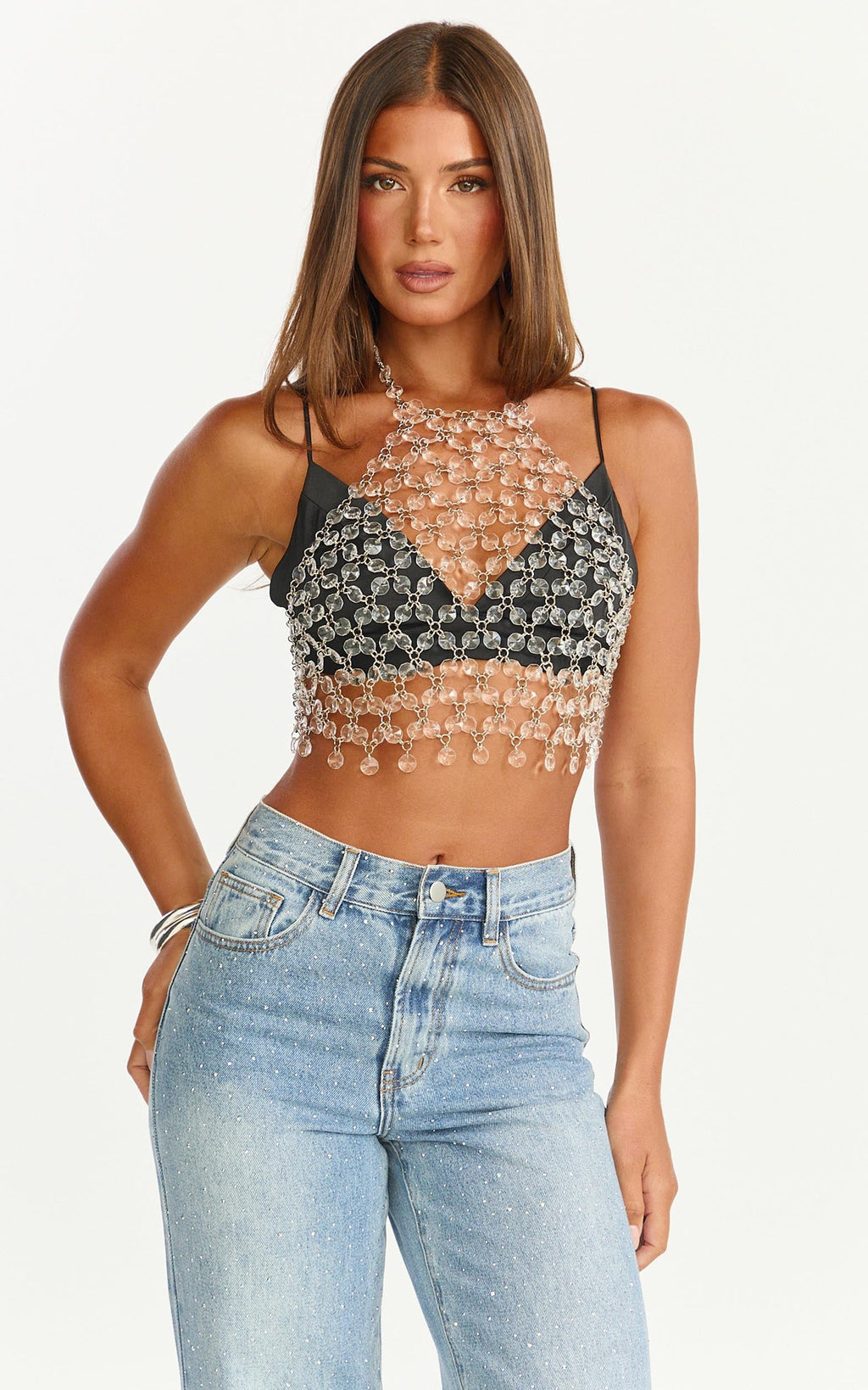 Xena Crop Top - Crystal Embellished Halter Top in Silver