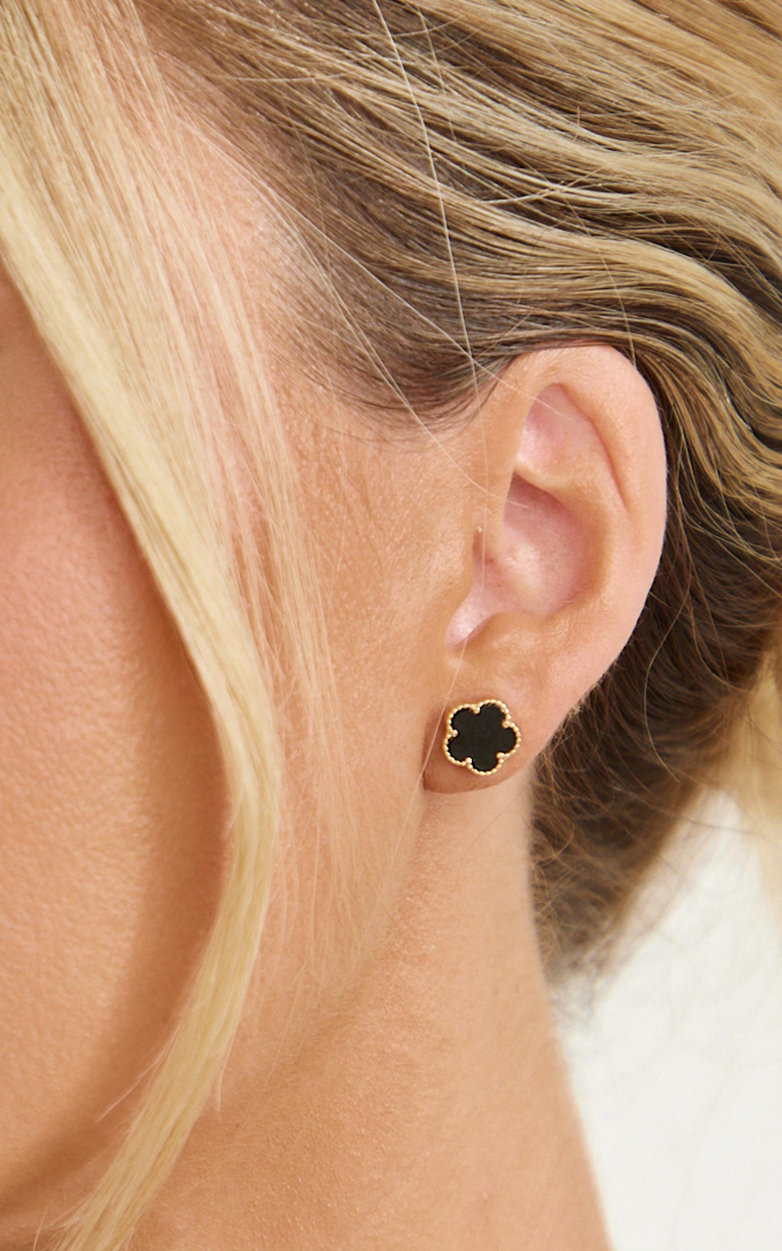 Yvette Earrings - Clover Stud Earrings in Gold/Black