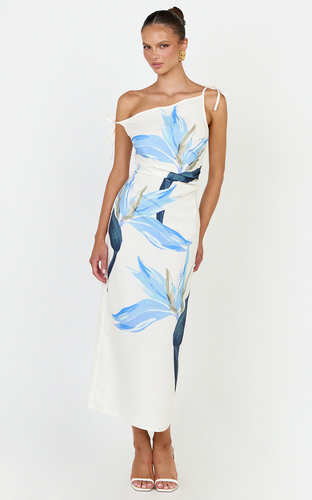 Zali Midi Dress - Off Shoulder Side Split Column Dress in Zali Floral Print
