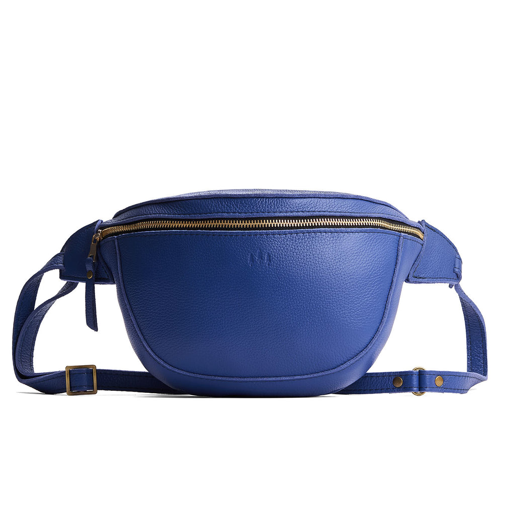 Molino Blue | Leather fanny pack shaped bag with a front zipper opening