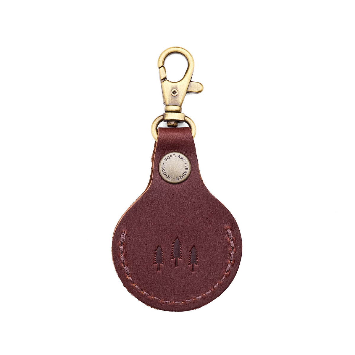 Cognac | Round leather AirTag holder with snap closure and swivel lobster claw clasp